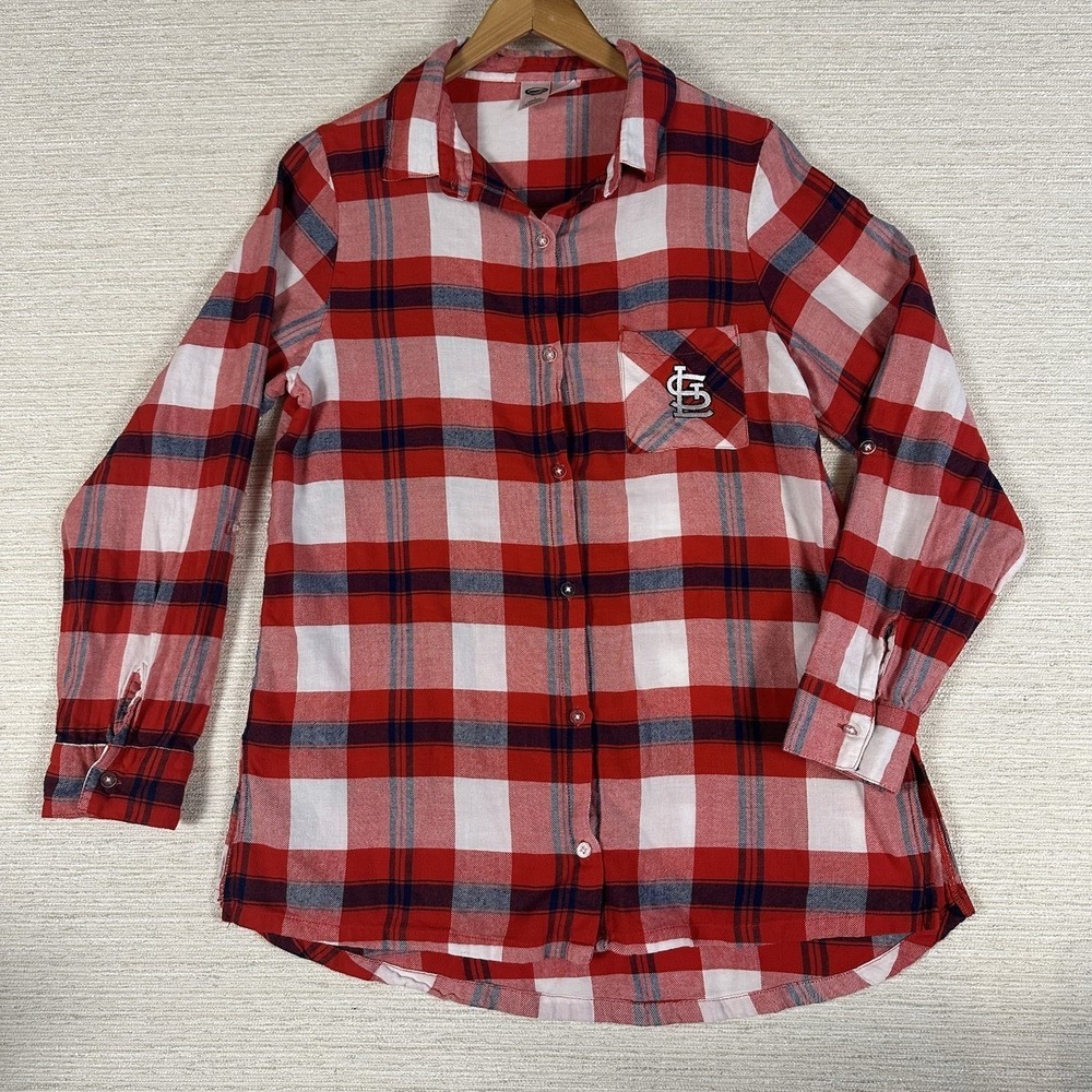 Womens Large St Louis Cardinals Plaid Shirt Red White Blue Sports Baseball Game